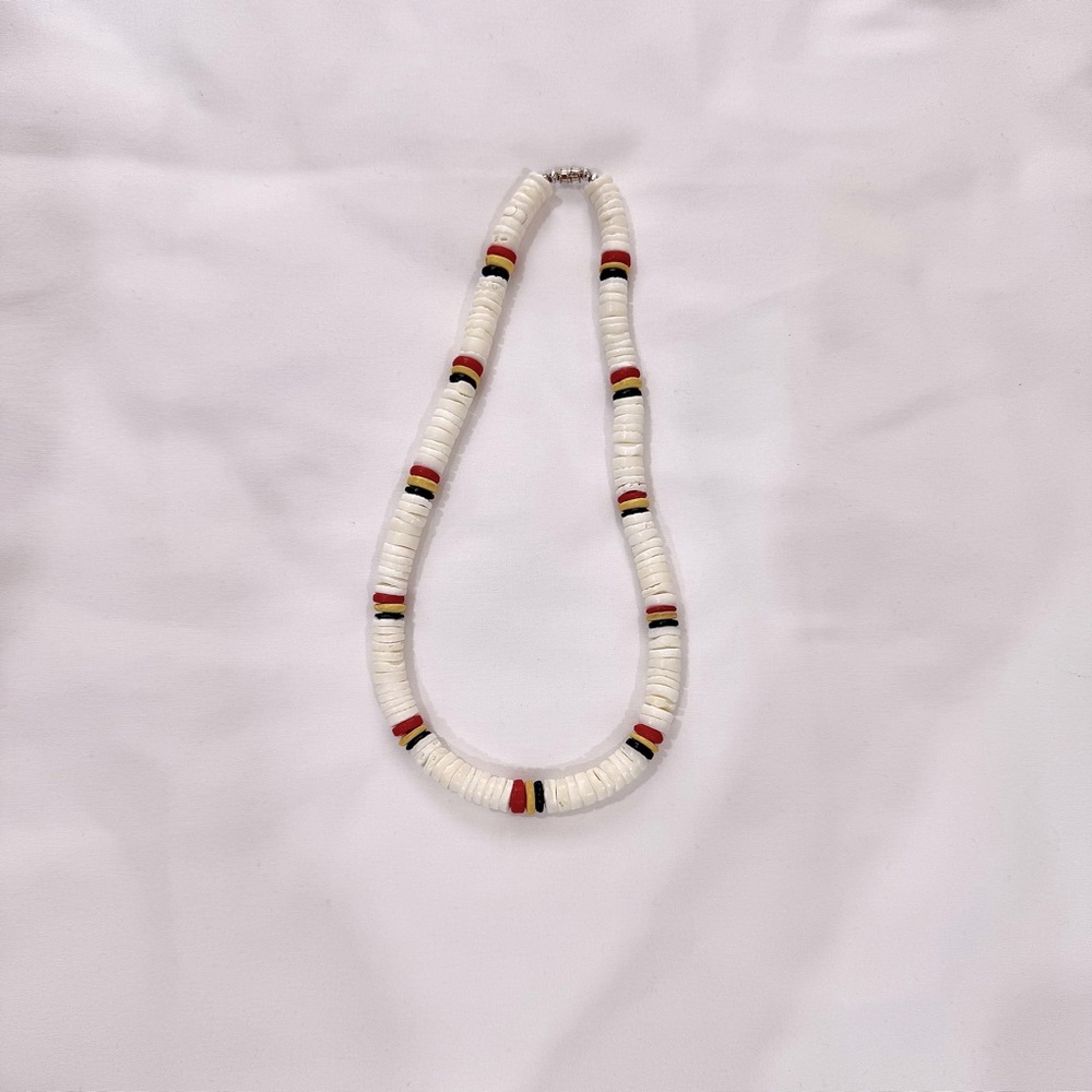 White Beaded Shell Necklace with Red, Yellow, and Green Accents